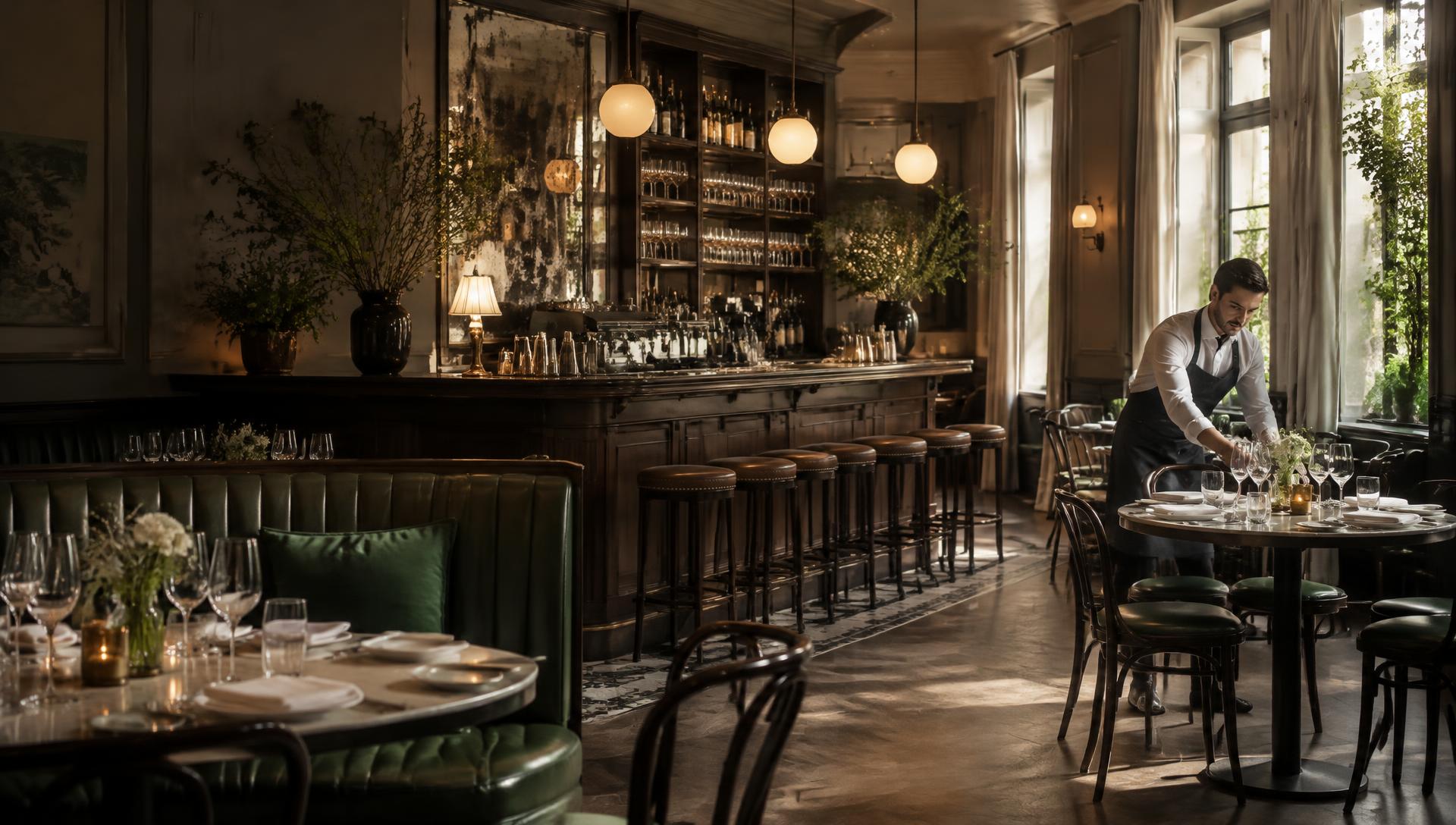 Illustrative restaurant scene with a server preparing a dining table
